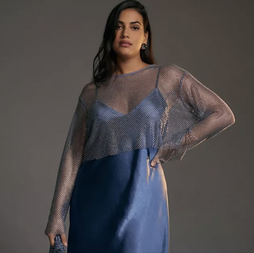 Dolan Blue Rhinestone Mesh Crop Top.